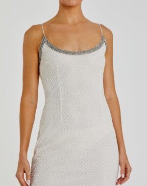 White Beaded Spaghetti Strap Column Gown - Mac Duggal