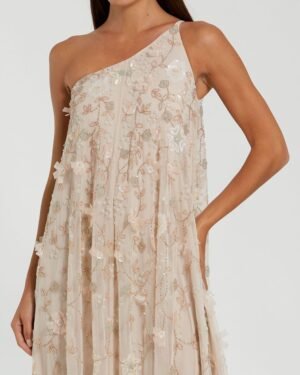 Beige One Shoulder Floral Embellished Trapeze Gown Mac Duggal