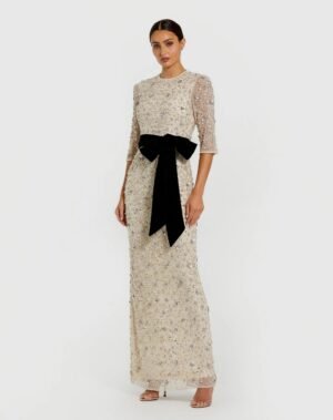 Ivory Embellished Evening Gown with Velvet Bow