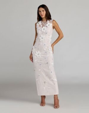 White Sleeveless Embellished Lace Column Dress