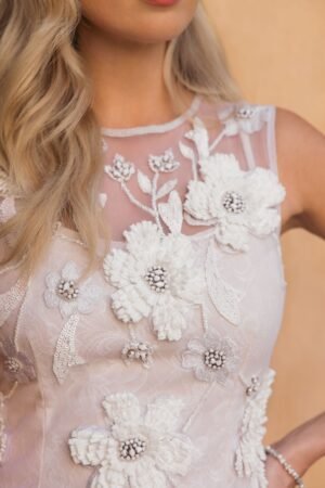 White Sleeveless Embellished Lace Column Dress - Mac Duggal