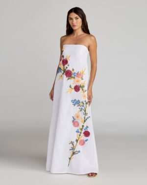 White Strapless Floral Embroidered Linen Gown Mac Duggal