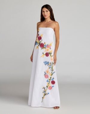 White Strapless Floral Embroidered Linen Gown
