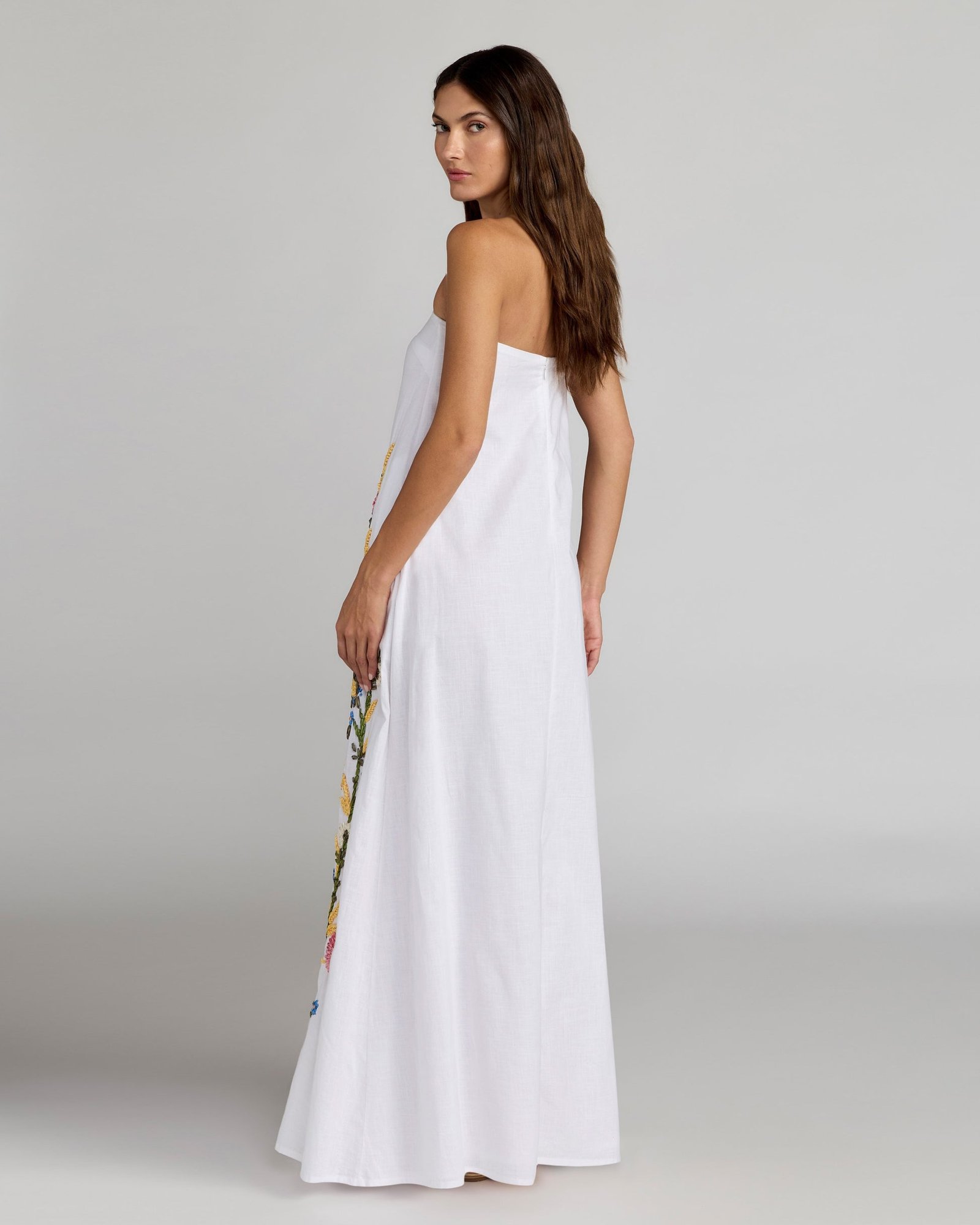 White Strapless Floral Embroidered Linen Gown Mac Duggal