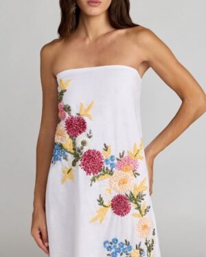 White Strapless Floral Embroidered Linen Gown Mac Duggal
