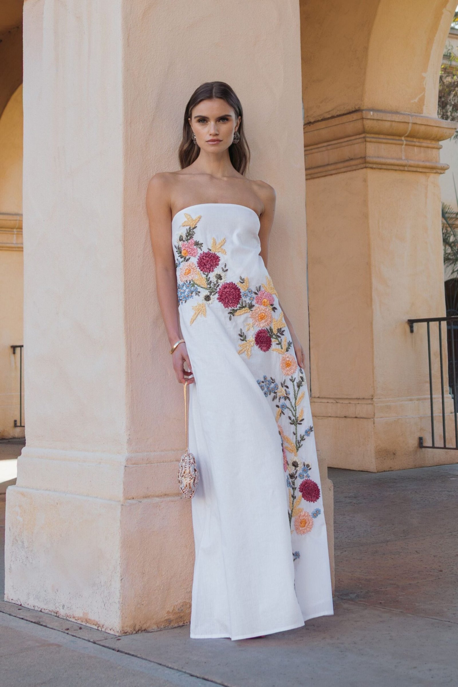 White Strapless Floral Embroidered Linen Gown Mac Duggal