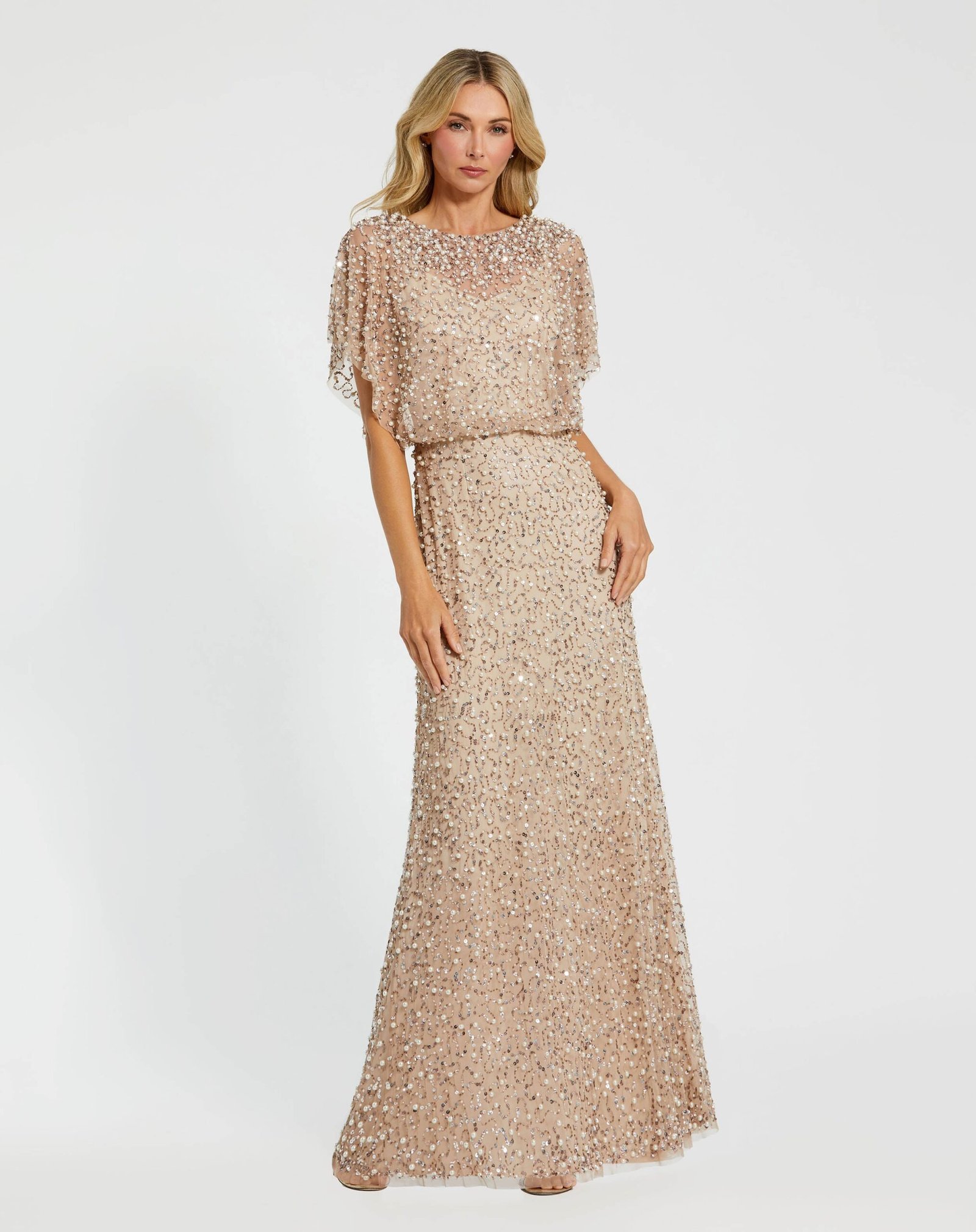 Petite Beige High Neck Short Sleeve Embellished Gown