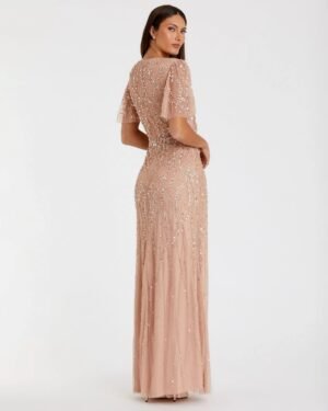 Petite Pink Embellished Flutter Sleeve Gown - Mac Duggal