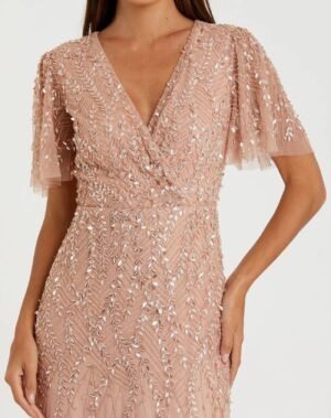 Petite Pink Embellished Flutter Sleeve Gown - Mac Duggal