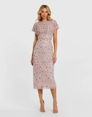 Petite Pink Cap Sleeve Sheath Midi Dress With Floral Beading