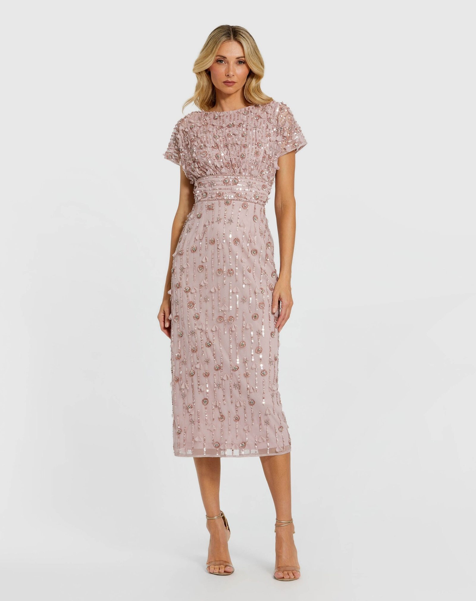 Petite Pink Cap Sleeve Sheath Midi Dress With Floral Beading