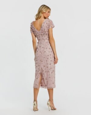 Petite Pink Cap Sleeve Sheath Midi Dress With Floral Beading - Mac Duggal