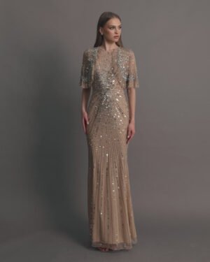 Beige Embellished Mesh Fitted Gown With Capelet - Mac Duggal